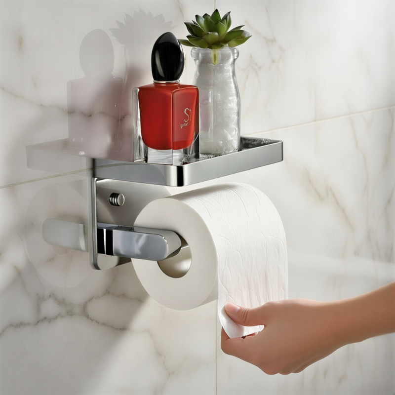 Toiletrolhouder met plankje | Wc rolhouder RVS | Montage zonder boren mogelijk